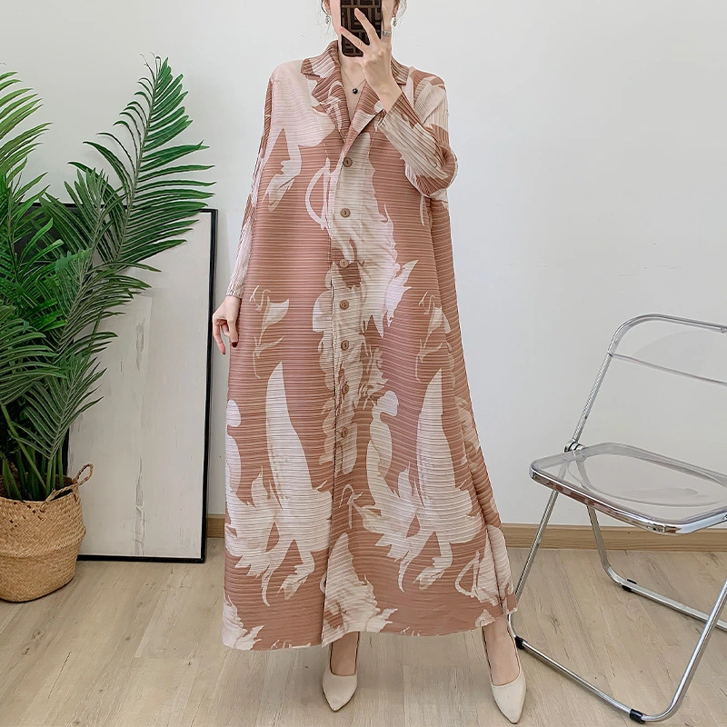 Pleats Clothing：Miyake Factory Direct Sales 2025 Spring And Summer New Pleated Fashion Print Cardigan Lapel Dress Women Casual Dress 1