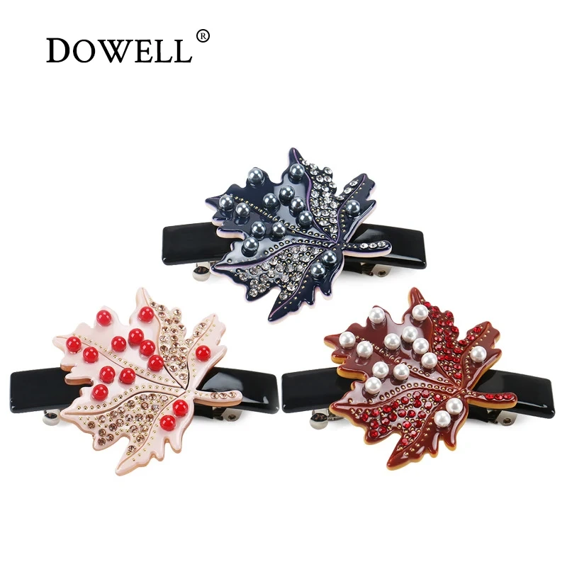 Dowell 도매 메이플 리프 헤어 클립 우아한 포니 테일 클립 라인 석 진주 아세테이트 헤어 바레트 1