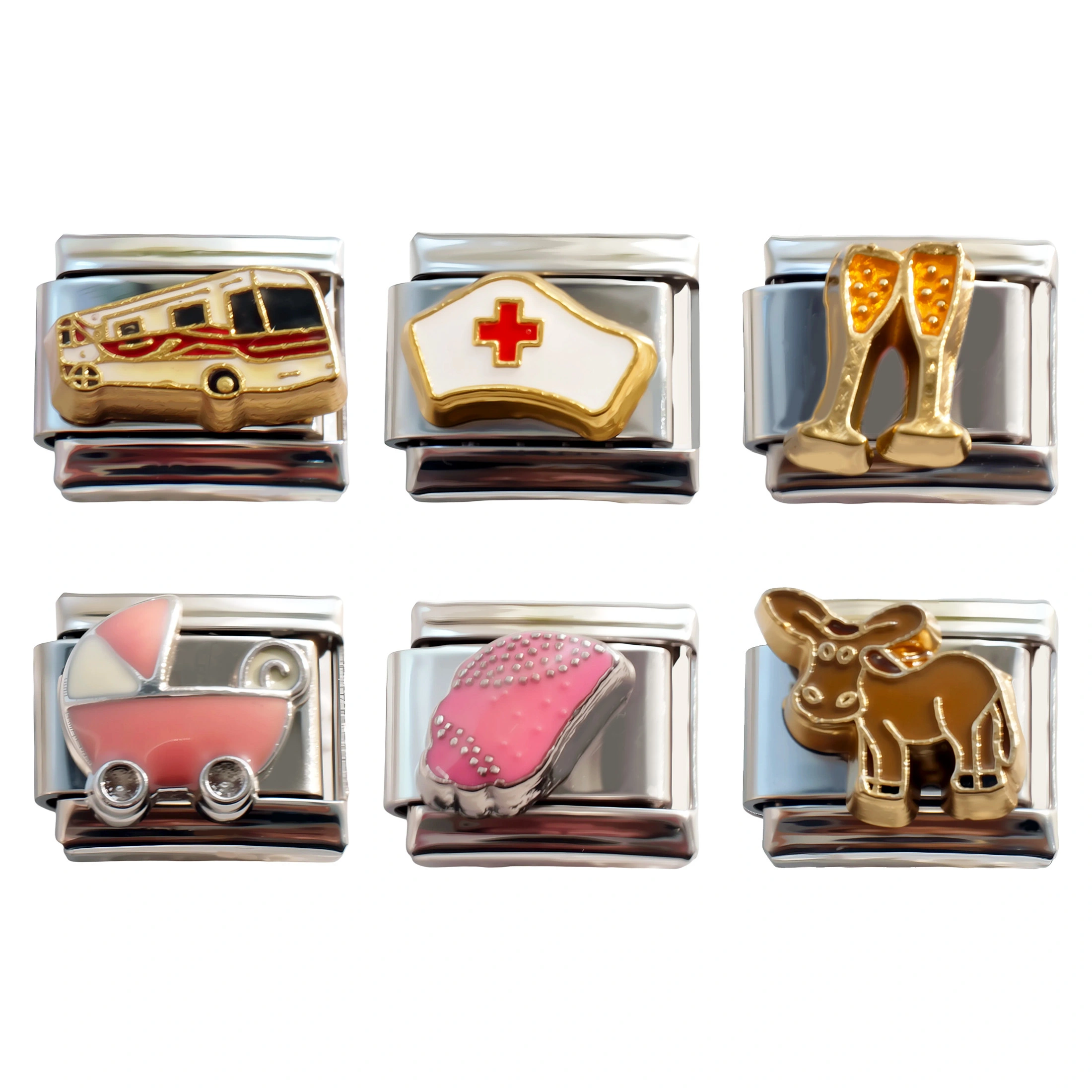 2025 Diy Personalized 304 Stainless Steel Italian Baby Stroller Bus Bull Nurse's Hat Series Charm Bracelet 9mm * 10mm Module 1