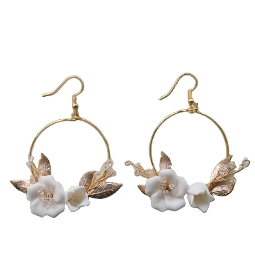 Ceramic Flowers Dangler Metal Leaf Round Earring Accessories 1