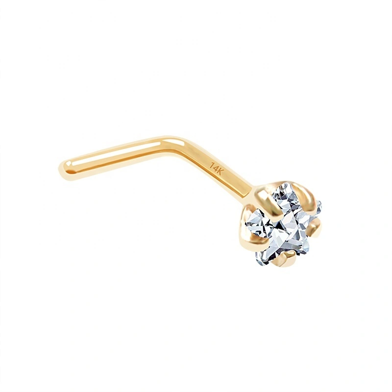 14k Gold 20g Prong Set Star Shape Cz L-shapee Nose Stud Piercing Jewelry 1