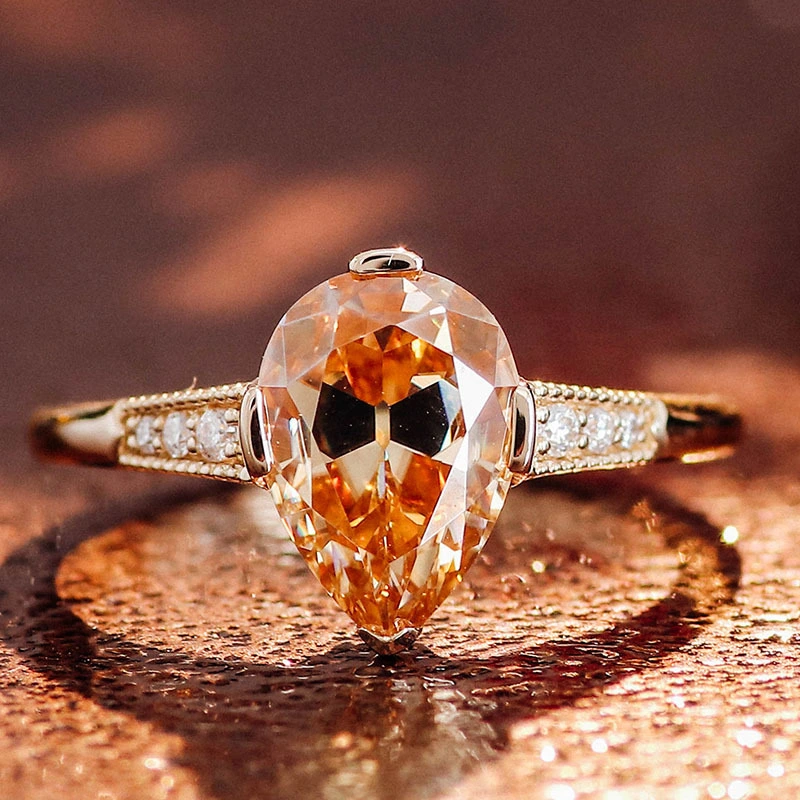 Vintage OMC champagne pear moissanite ring 2CT in 10K/14K/18K for girl's gift 1