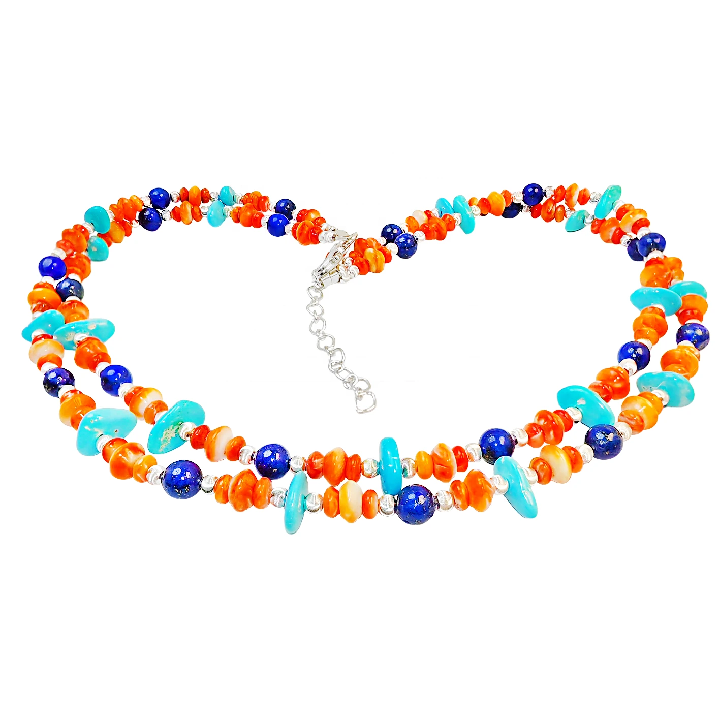 Double Layer Necklace Features Sterling Treatment Turquoise And Lapis Lazuli Strung By S925 Faceted Silver Beads 1