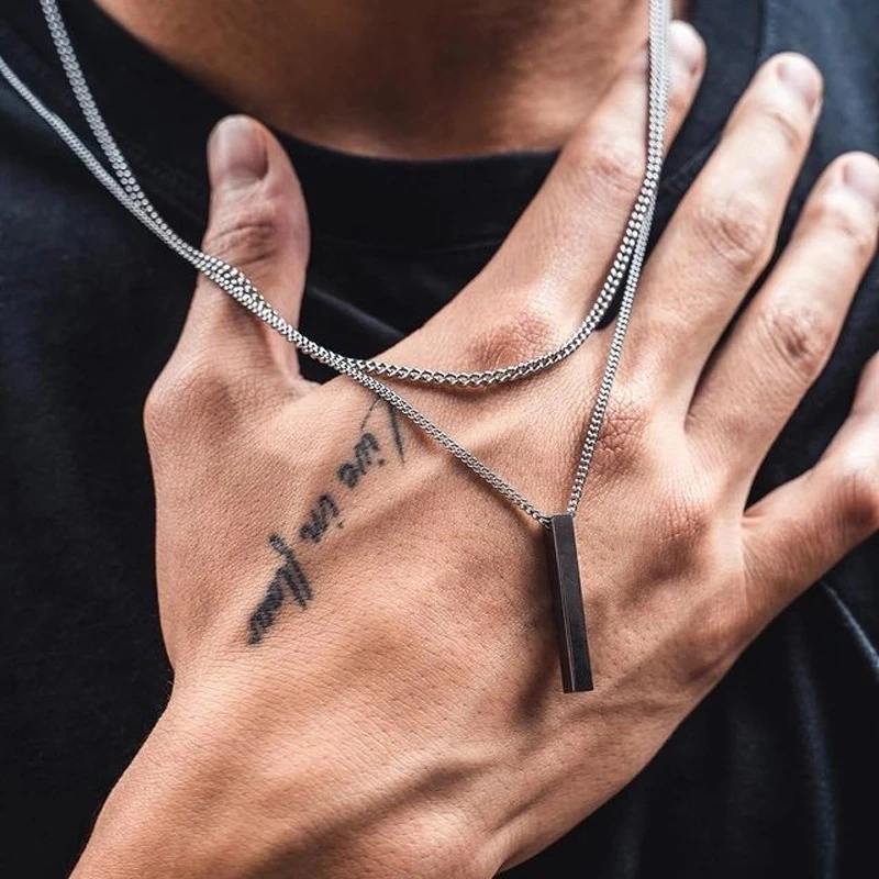 Plain Stainless Steel Stereo Rod Necklace Gold Plated Long Strip Rectangle Pendant Necklace For Men 1