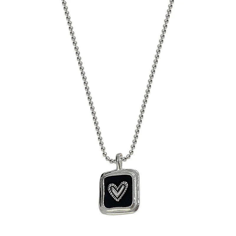 S925 Sterling Silver Black Drop Glue Square Heart Necklace With Heart-shaped Geometric Pendant And Collarbone Chain For Woman 1