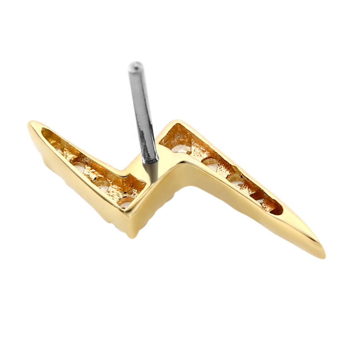 Eternal Metal 14k Solid Yellow Gold 5a Cz Paved Bolt Lightning Ear<000000>nose Helix Tragus Threadless Push In Ends Tops 5