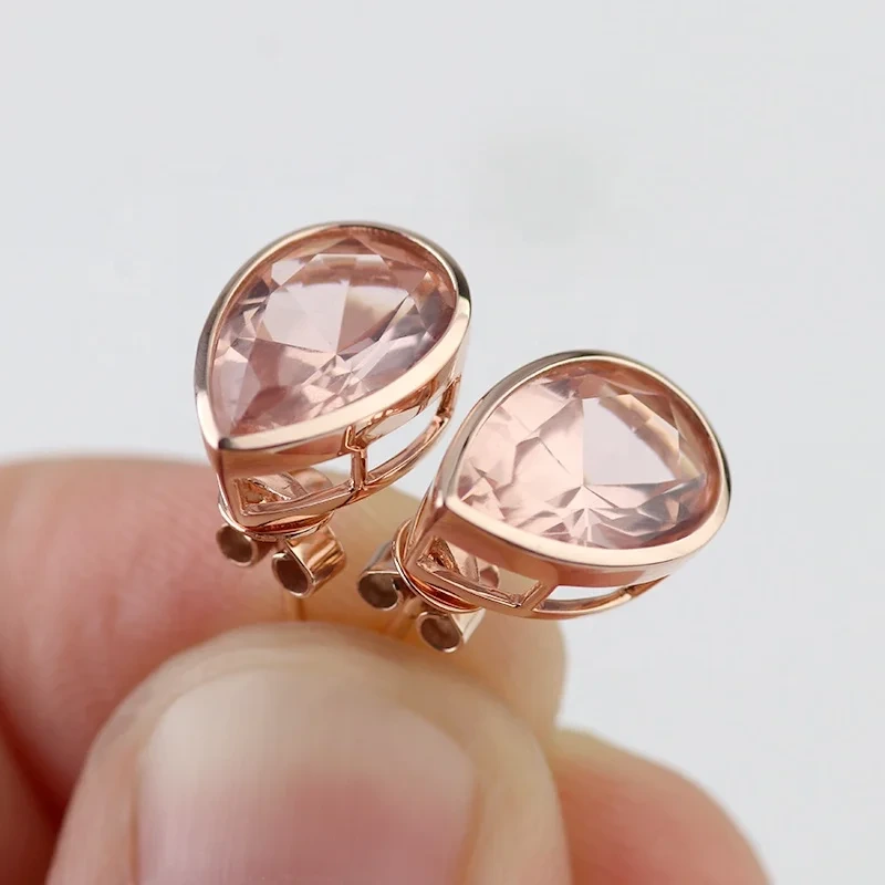Boucles d&39;oreilles en morganite en or rose 10 carats, boucles d&39;oreilles en pierre de moissanite 10 x 12 mm, boucles d&39;oreilles en morganite en forme de poire 1