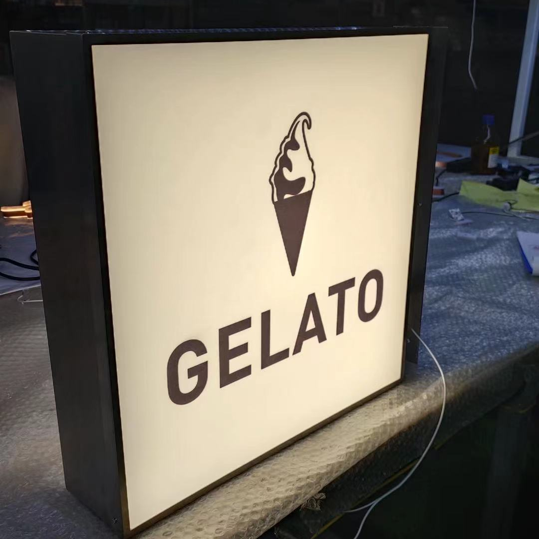 Alta calidad, montaje en pared, letras 3d, acrílico, doble cara, señalización Led redonda, cajas de luz para tienda de marca con bandera 1