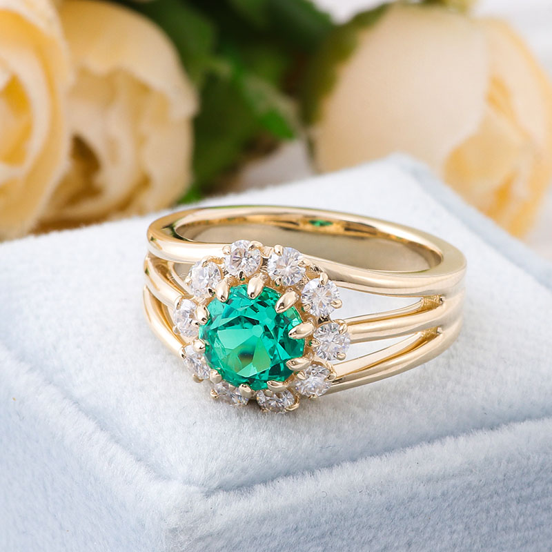 Diamant <000000> Smaragd-Cluster-Ring 10 Karat Gelbgold, runder Oec-Schliff, Labor-Smaragd-Cluster-Ring, Smaragd-Verlobungsring, Stapelband 9