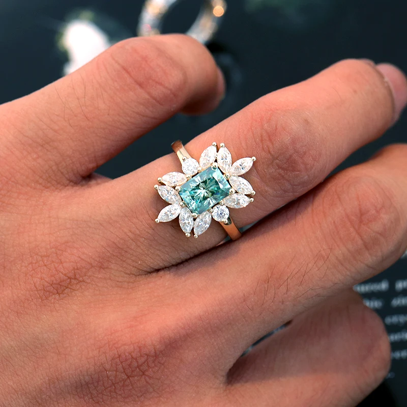 Impresionante azul <00000000> Ring de compromiso de moissanita de corte verde de color verde anillo de color especial de 14k oro vintage único anillo de moissanite 9