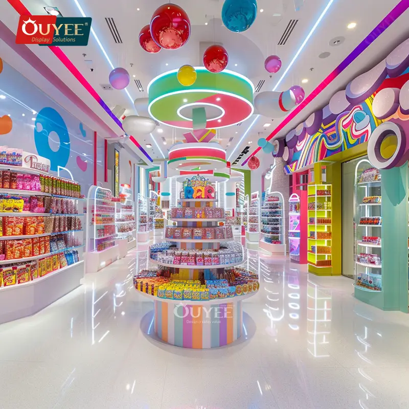 Scaffale espositivo rotondo a isola e a parete per caramelle, ideale per uso commerciale. 1