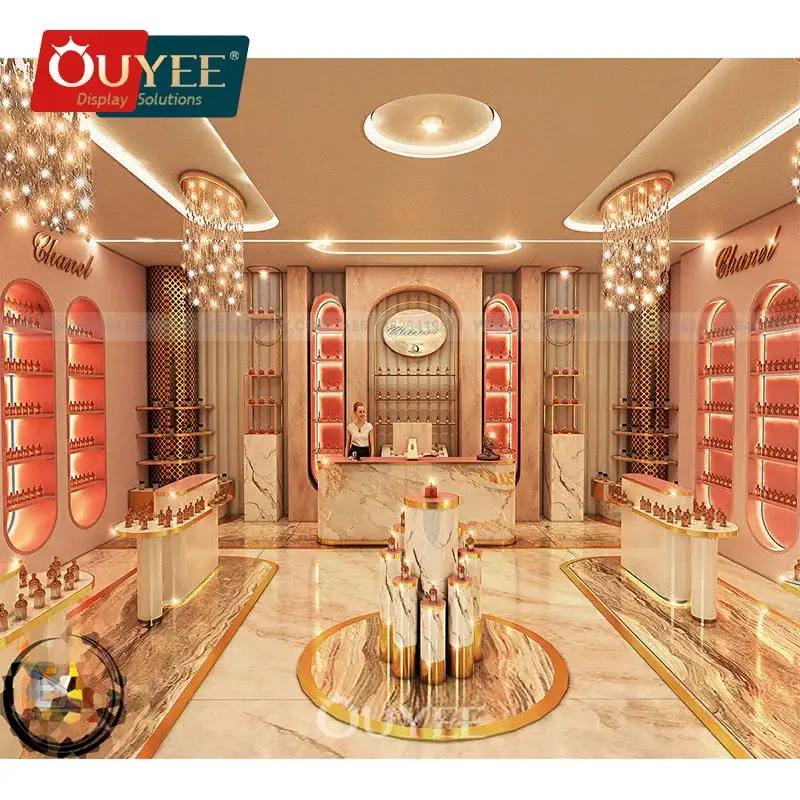 Vitrine expositora de perfumes em acrílico com efeito mármore rosa para loja/estabelecimento. 1