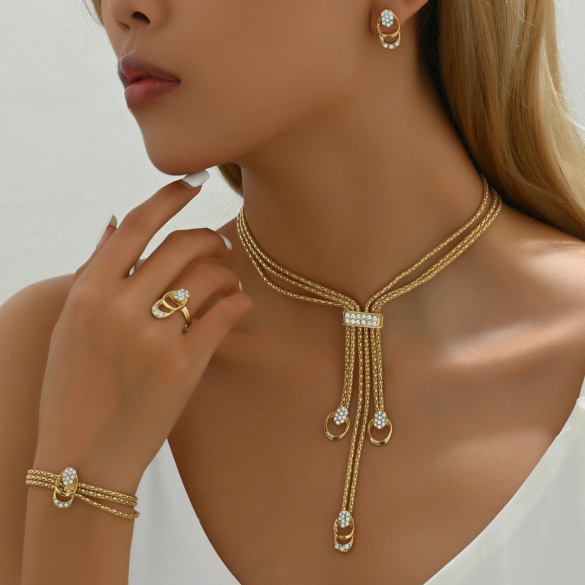 Minimalist Diamond Accent Jewelry Set Delicate Layering Necklace & Stud Earrings Dainty Openwork Clavicle Chain For Women 1