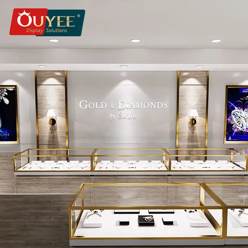 Design d'interni per gioielleria, vetrina in vetro, tavolo in legno 1