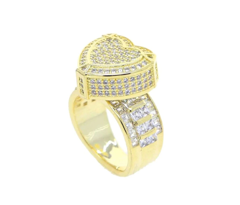 Sparkling Ice Out Ring 10k Yellow Gold Moissanite Diamond Big Heart Ring Moissanite Ring Hip Hop 1