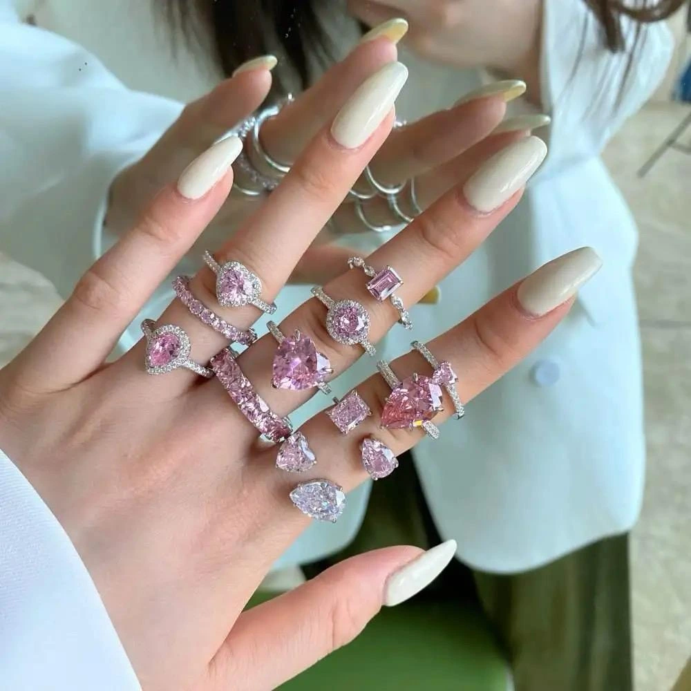 S925 Sterling Silver Water Drop Fashion Diamonds Cute Peach Heart Style Square Diamonds Pink High Carbon Diamond Ring 1