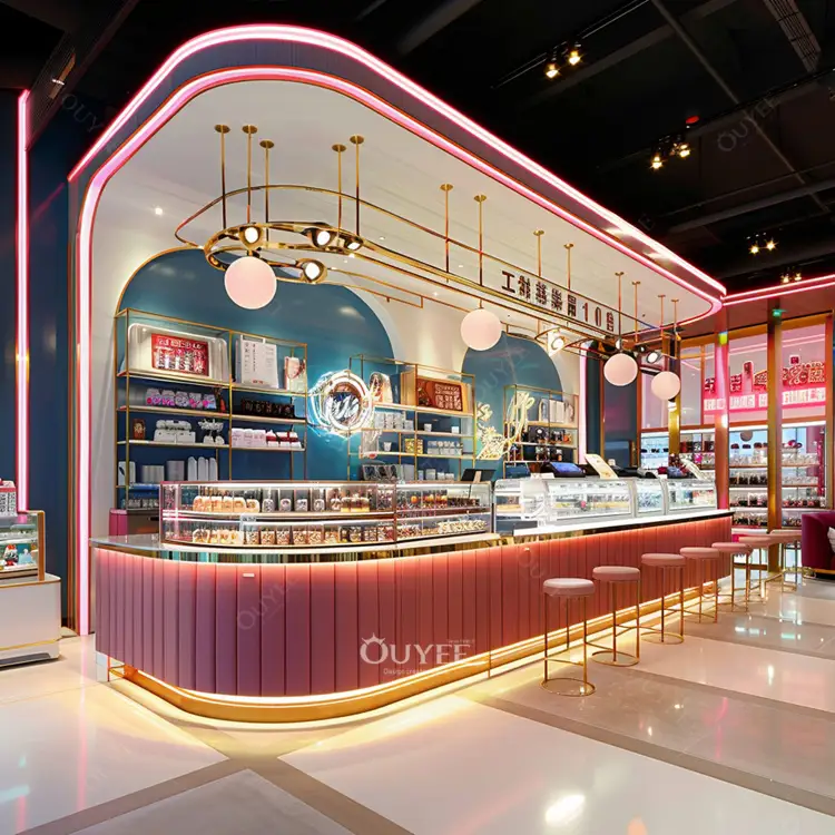 LED-beleuchteter, pinkfarbener Stehkiosk für Kaffee- und Bubble-Tea-Läden 1