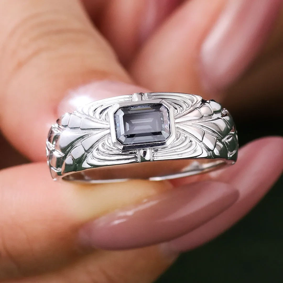 Black Moissanite Emerald Cut Men Ring White White Or et Moisanite Engagement Mariage Rague de mariage 1