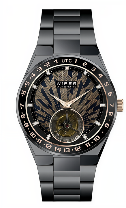 Nifer Herren-Skelettuhr mit achteckigem Zifferblatt und GMT-Funktion, radial strukturiertem Zifferblatt, Edelstahlarmband, wasserdicht bis 5 ATM, luxuriöse Sport- und Businessuhr 2