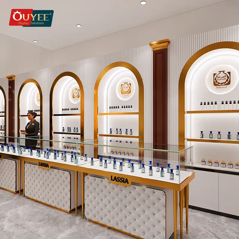 حامل عرض عطور بإضاءة LED وأرفف عرض مستحضرات التجميل للمتاجر 1