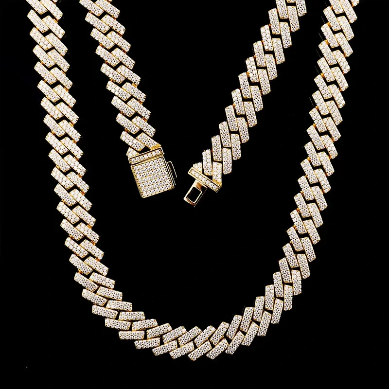 Heißverkauf kubanische Kette Hip Hop Schmuckglied Full Moissanite Kubanische Halskette Gelbgold Farbe 925 Sterling Silber Kubaner Kette1 1