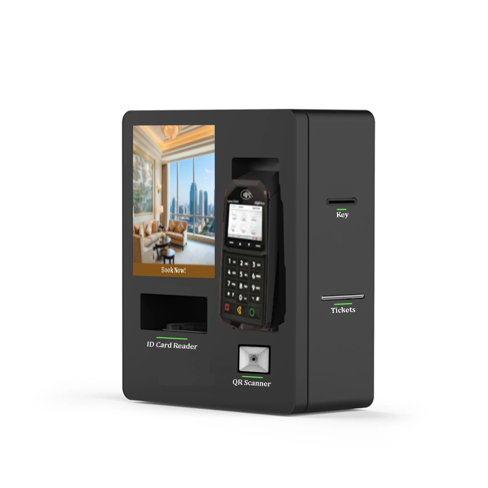 An der Wand befestigter Hotel-Selbst-Check-in-Kiosk-Touchscreen-Kassensystem-Terminal mit ID-Kartenleser-Barcode-Scanner 1