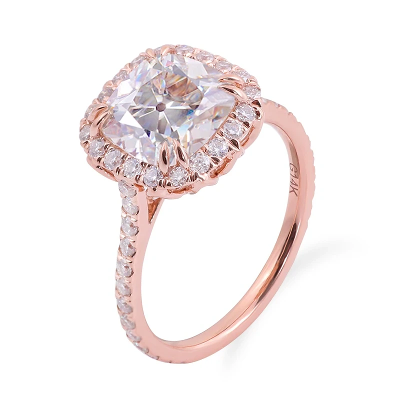 Anillo de compromiso, aniversario y boda de lujo para mujer en oro amarillo de 10 k/14 k con moissanita de talla cojín de 3 ct OMC 1