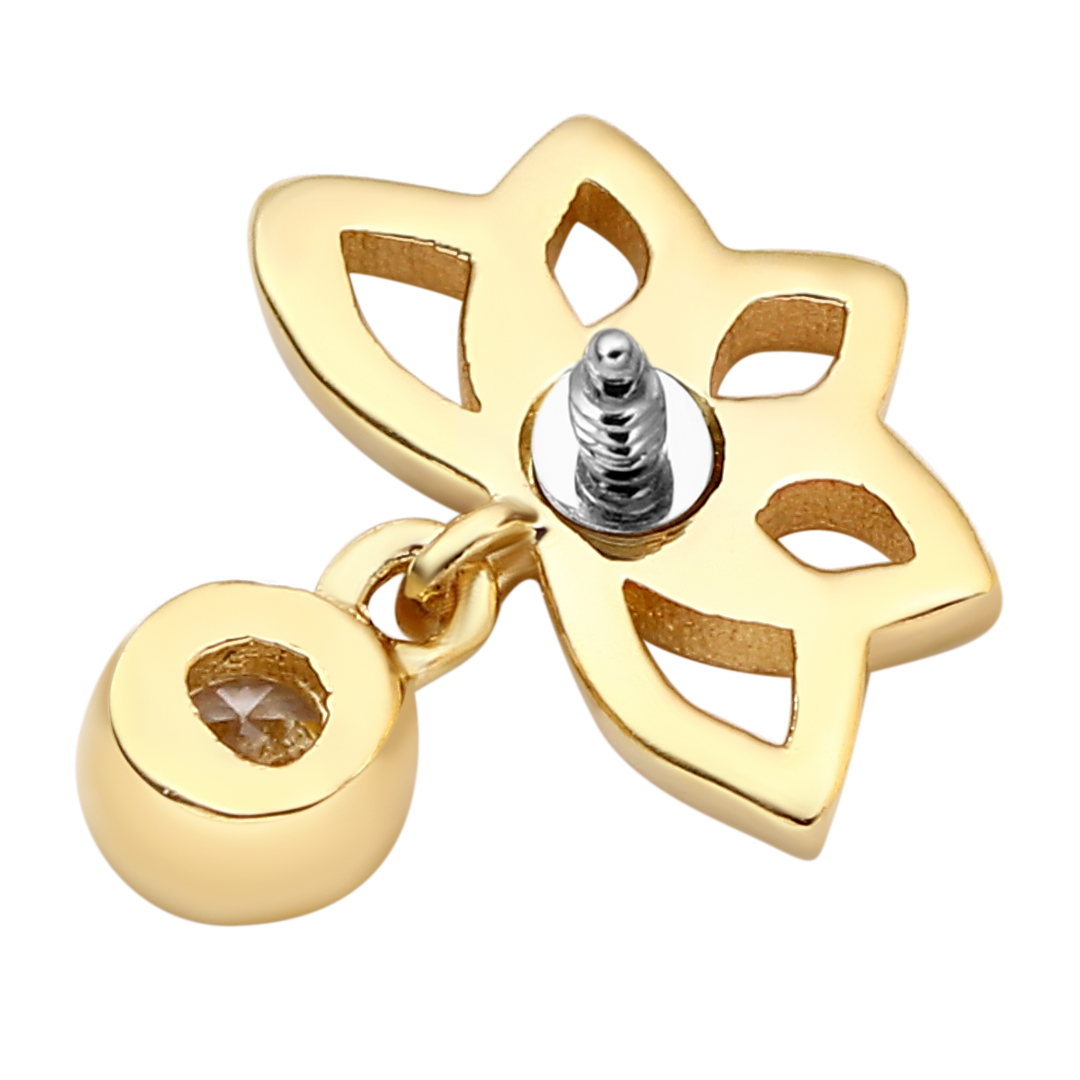 Eternal Metal 14k Solid Gold Lotus Shape Round Cz Bezel Setting Dangle Ear<000000>belly Piercing Tragus Internally Threaded Ends Tops 6