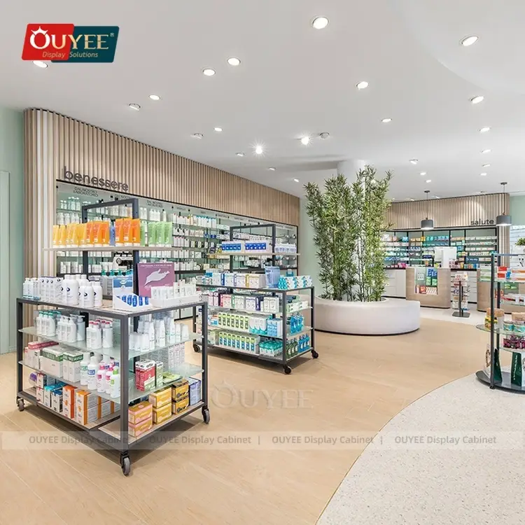 Gondelregal aus Glas in der Apotheke, Medikamentenständer 1