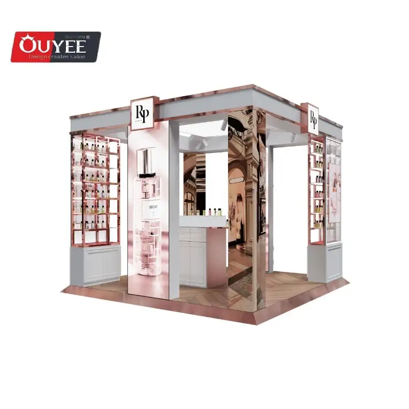 Quiosque de exposição 3D para shopping center - Exposição de beleza e cosméticos rosa 1