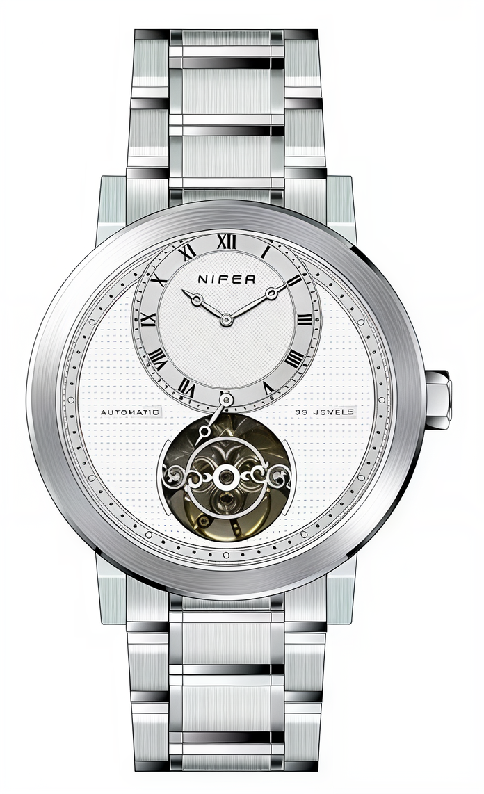 Nifer Minimalistische Herren-Skelett-Armbanduhr, mechanische Armbanduhr mit zwei Hilfszifferblättern, Edelstahlarmband, wasserdicht bis 5 ATM, Business-Uhr 1