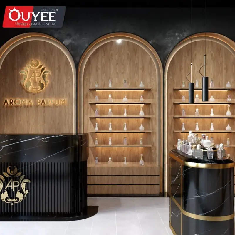 طاولة عرض عطور من الرخام، واجهة عرض جدارية مقوسة من قشرة الخشب، إضاءة LED 1