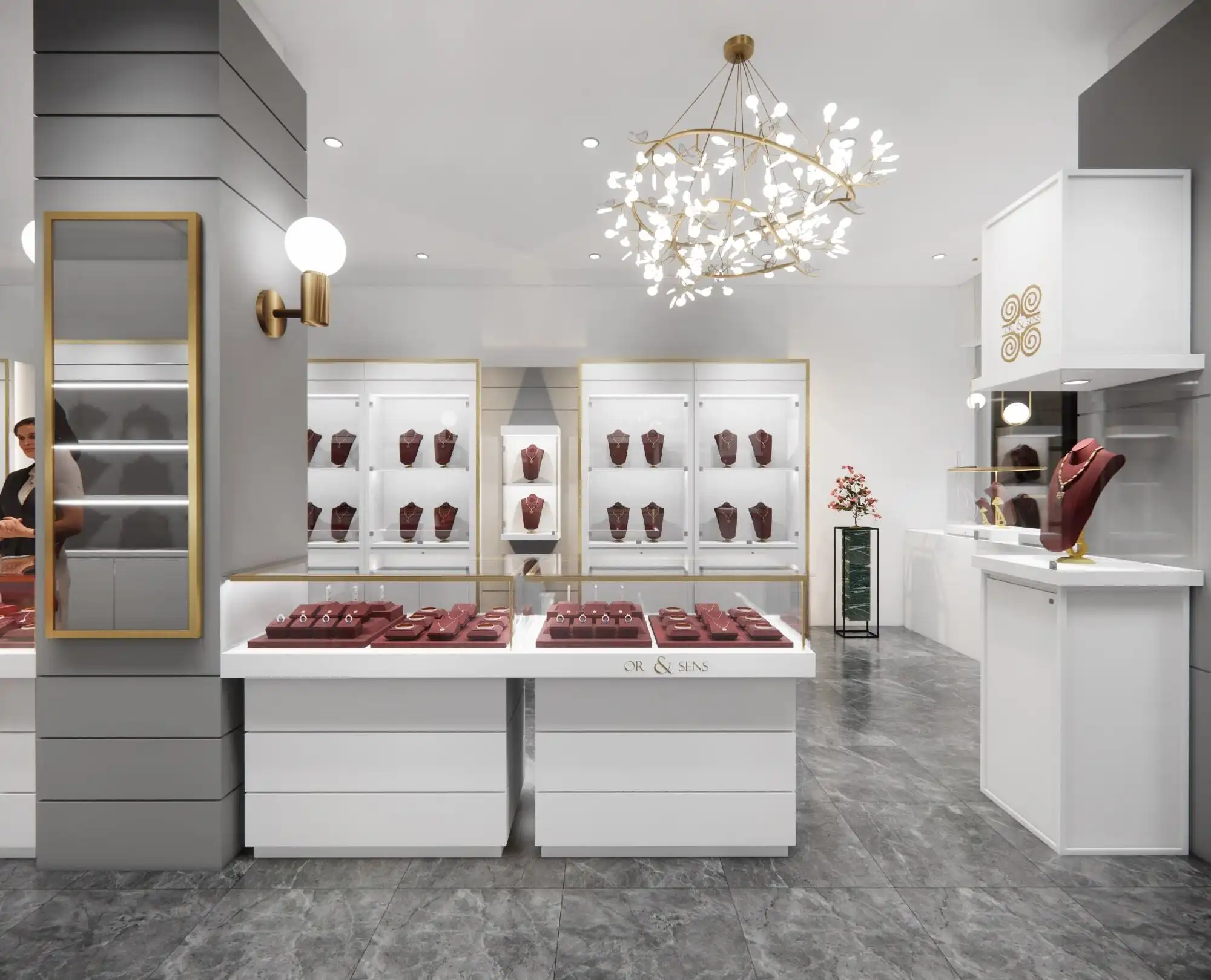 طاولة عرض مجوهرات زجاجية، تصميم داخلي لمتجر بيع مجوهرات حسب الطلب 1