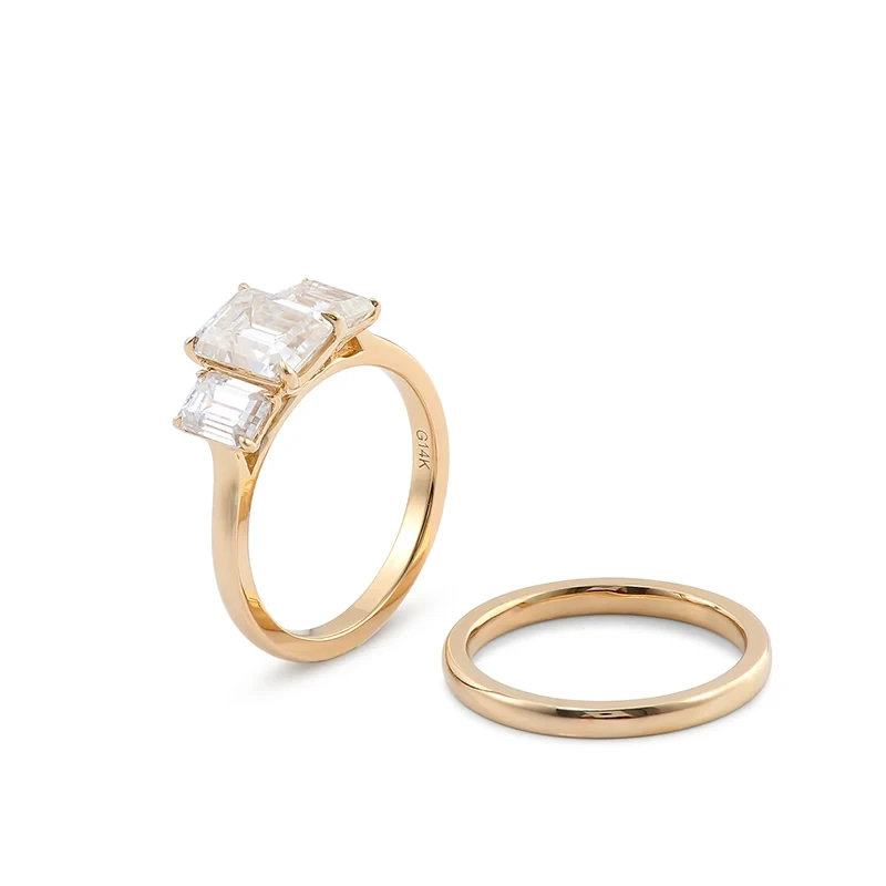 Anillo de regalo anillo de oro real 14k 2carat esmerald cortado moissanite 3 piedras set de anillo de boda 1