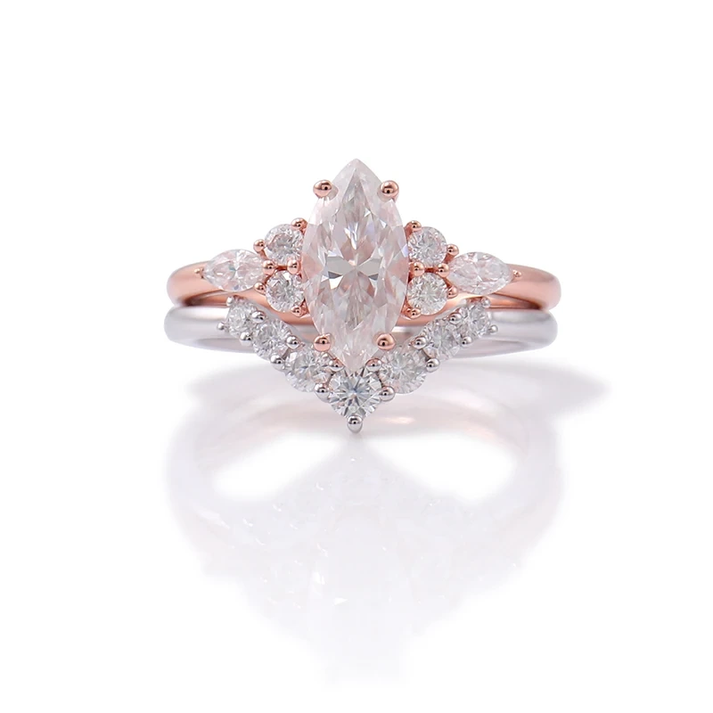 New And Simple 14k Solid Gold Marquise Center Moissanite Wedding Ring Set For Bride 1