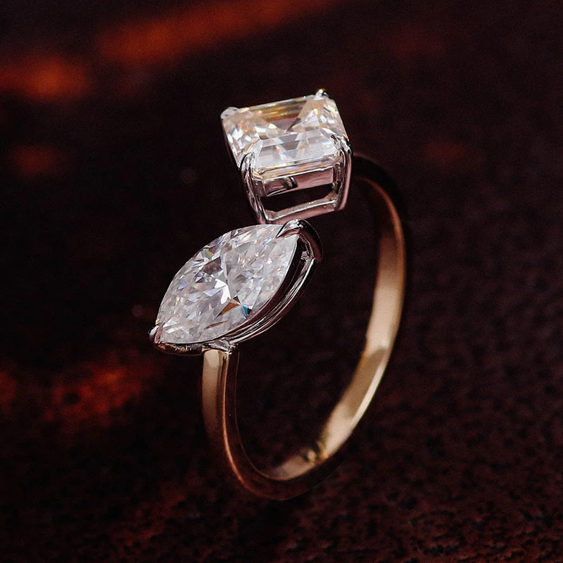Joyas de moda toi et moi anillo de 10k oro amarillo + oro blanco esmeralda y álamo de corte def moissanite anillo de compromiso anillo 1