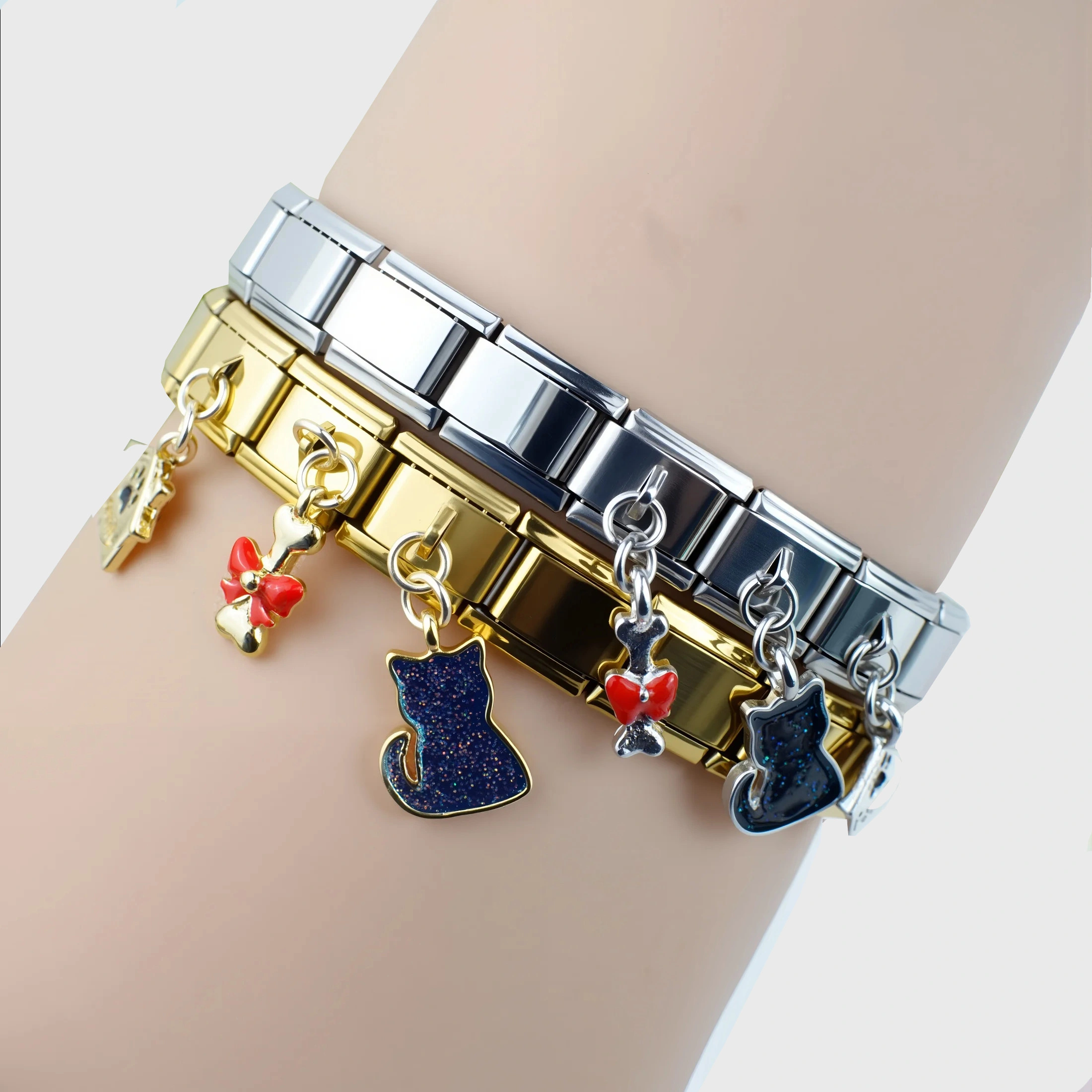 Fashion 14k Gold Plated Group Of Three Module Travel Diary Series 304 Stainless Steel Italian Charm Bracelet 9mm * 10mm Module 1