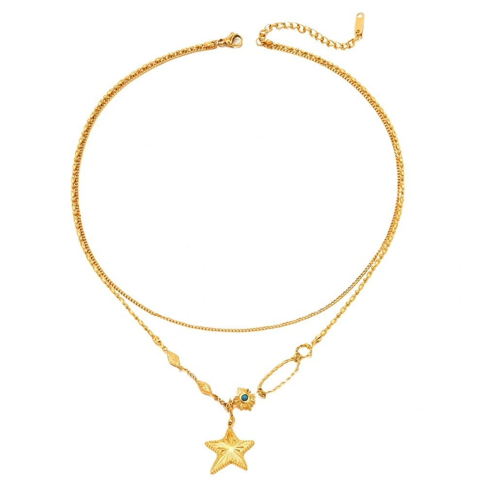 New Arrival Fashionable 14k Gold Double-layer Pentagram Stainless Steel Geometric Collarbone Chain Waterproof Jewelry For Women 1