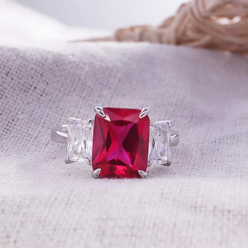 Prong Setting 4ct Rectangle Cut Center 5# Ruby Gemstone 9k White Gold Ring With 2 Pieces Of Side 4x6mm Moissanite 1