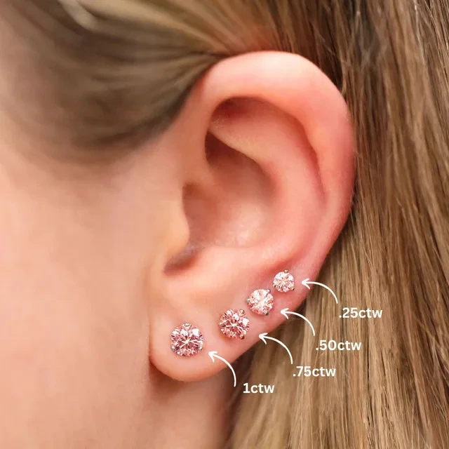 1ctw 0.75ctw 0.5ctw 0.25ctw Round Cut Pink Lab Diamond Studs Earrings In 14k 3 Prong Martini Setting Flat Back Earrings 1