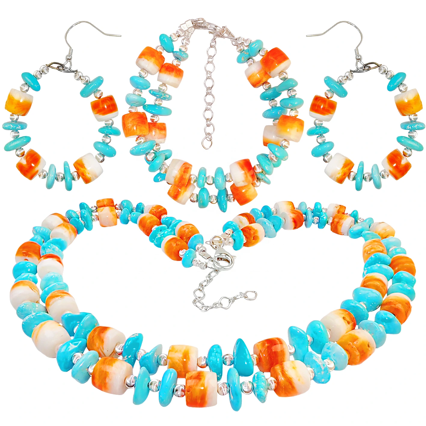 Schmuckset ass aus natierlecher Sterling Behandlung Türkis Orange Spiny Auster a S925 Sëlwer Den Duebelschicht Design erstellt 1