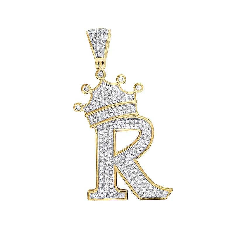 Moderne trendige echte 10k Gelbgoldkronbrief R Anhänger mit Moissanit Diamond 1