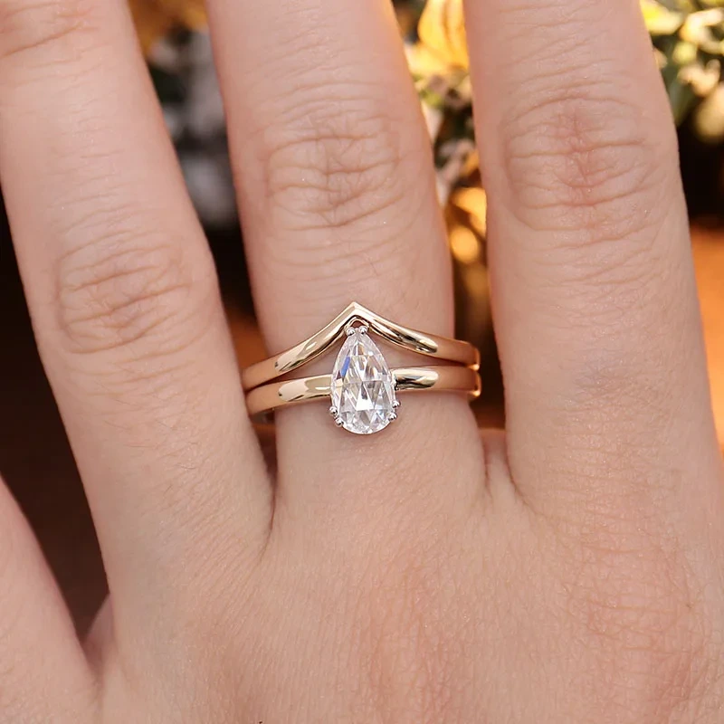 14k Yellow Gold 1 Carat Pear Shape Def Color Moissanite Diamond Ring Set Wedding Rings Women 1