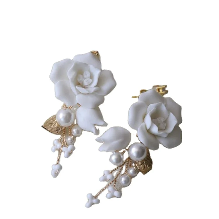 Pearl Earrings White Ceramic Flower Decoration Eardrop 1