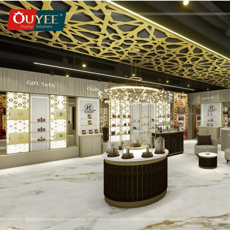 طاولة عرض مخصصة لمتجر عطور بالتجزئة، خزانة عرض مستحضرات تجميل خشبية 1