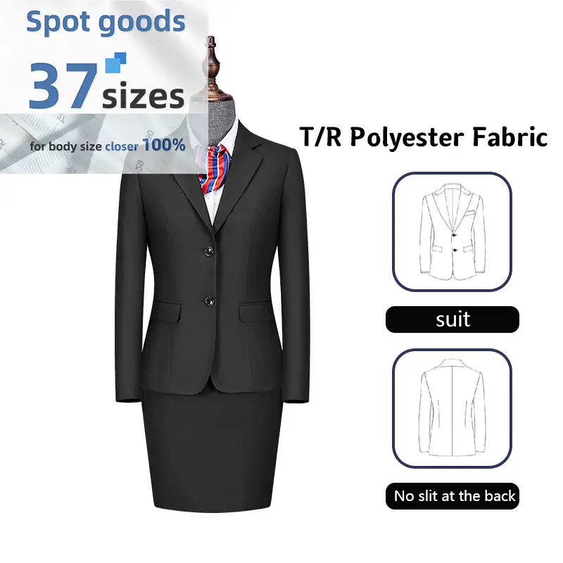 WY1001 Schwarzer Damenblazer aus Polyester-Viskose mit zwei Knöpfen. 1