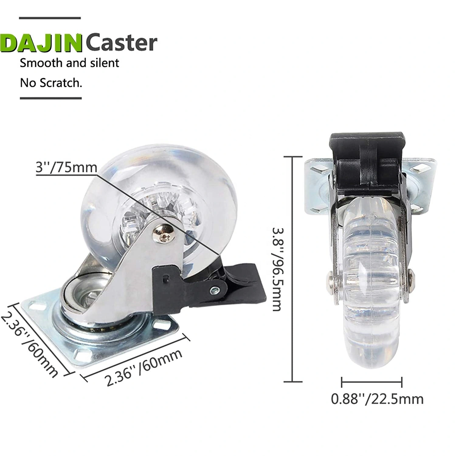 2 Inch 3 Inch 4 Inch 100mm Clear Swivel Brake Wheels Silicone Transparent Cabinet Office Chair Furniture Caster Wheel 1