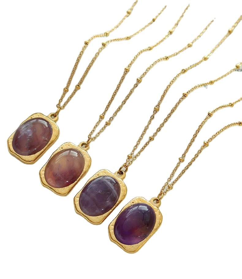 Fashion Artificial Stone Square Inlay Pendant Titanium Steel Necklace Luxury Women's Necklace 1
