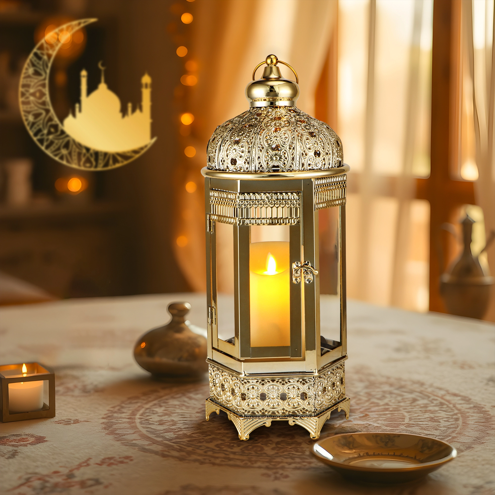 Lanntairn Coinneal Óir Leictreaphlátáilte Dath Óir Lanntairn Ramadan Lanntairn Maisiúil Imeachta Sómasach le haghaidh Maisiú Tábla Baile 1