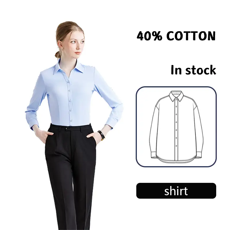 YW4504 Damen-Businesshemd, blau, 40 % Baumwolle, V-Ausschnitt, Langarm 1